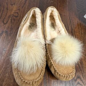 UGG Women's Brown Slippers with Cream Pom-Poms